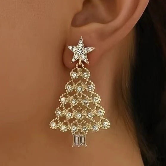 Golden White Crystals Christmas Tree Earrings Fashion Earrings