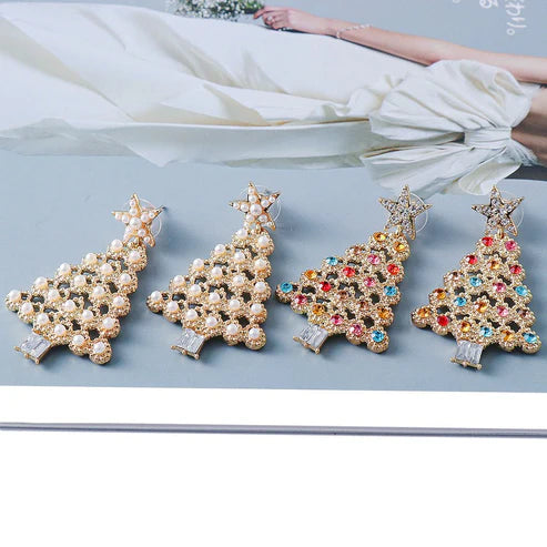 Golden White Crystals Christmas Tree Earrings Fashion Earrings